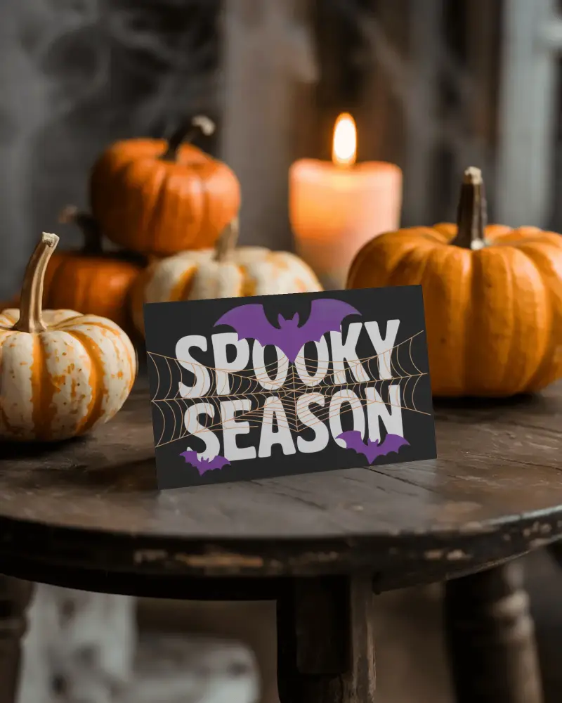 Halloween Card Mockup On Rustic Table With Pumpkins And Warm Candlelight