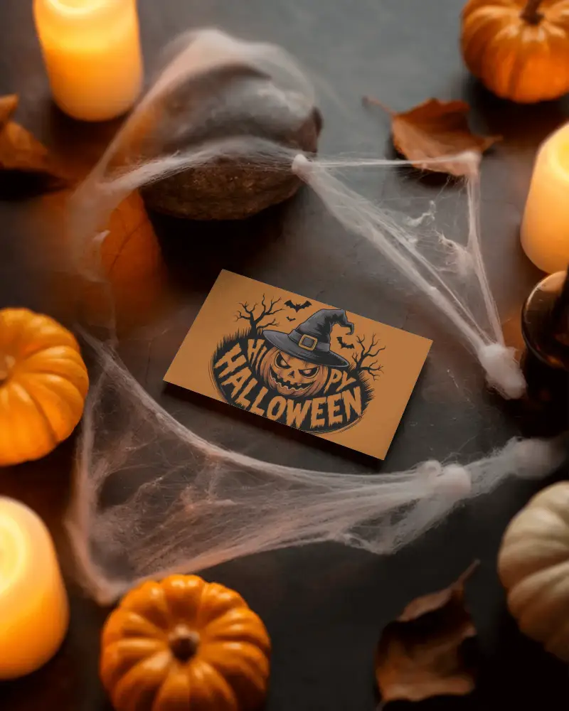 Halloween Business Card Mockup Surrounded By Pumpkins Cobwebs And Burning Candles