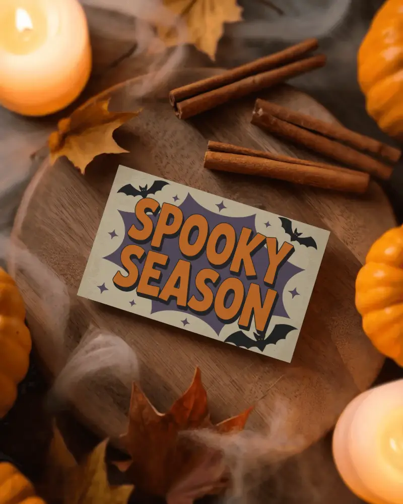 Halloween Business Card Mockup On Wooden Board With Cinnamon Sticks And Fog