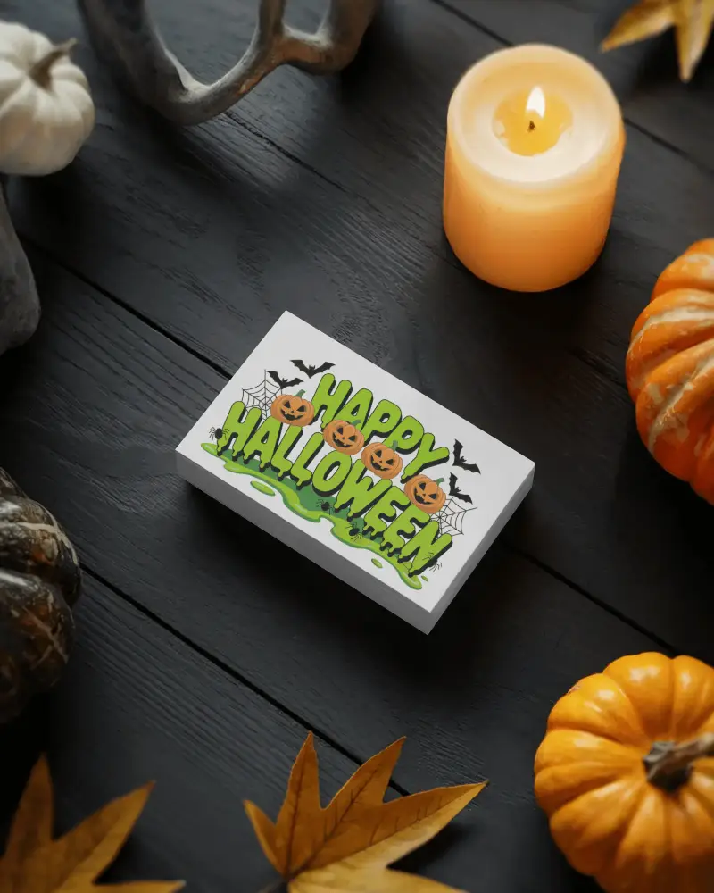 Halloween Card Mockup On Black Table With Candles Pumpkins And Maple Leaves