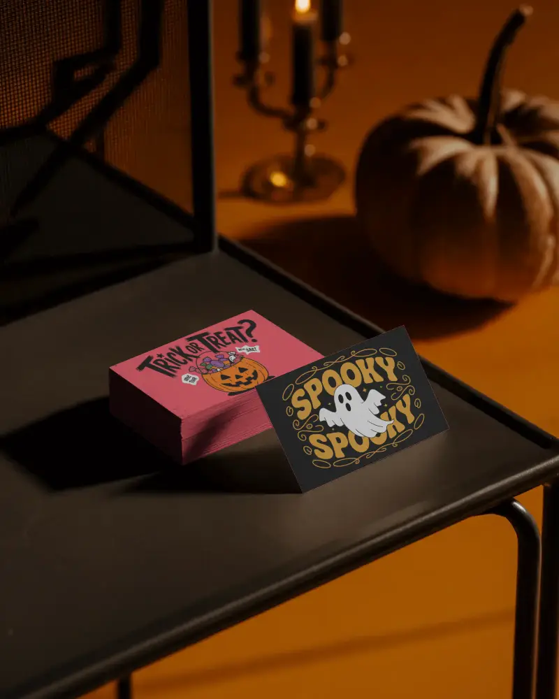Dark Halloween Business Card Mockup On Metal Table With Orange Background And Candles