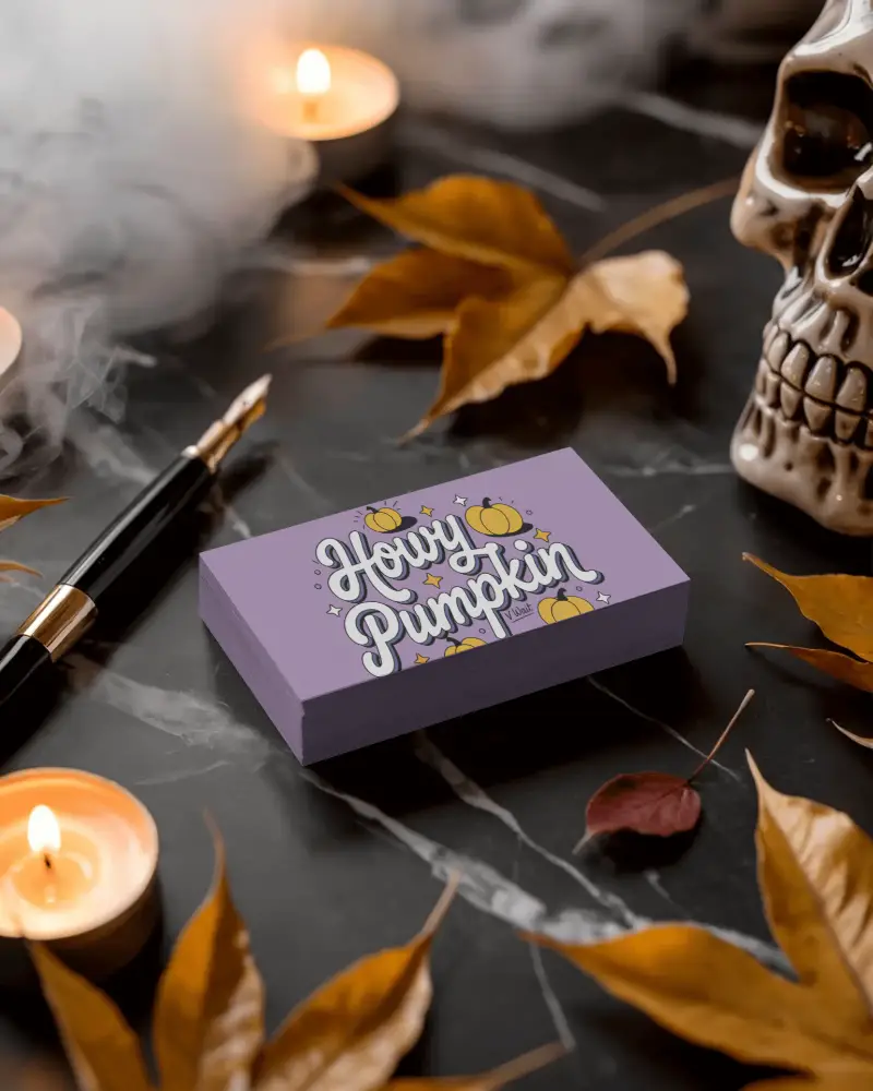 Spooky Office Halloween Business Card Mockup On Marble Desk With Skull Candles And Fallen Leaves