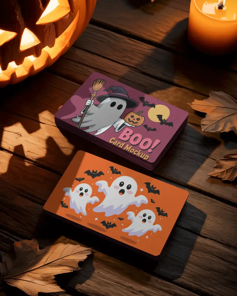 Halloween Business Card Mockup On Wooden Surface With Jack O Lantern Light And Dry Leaves