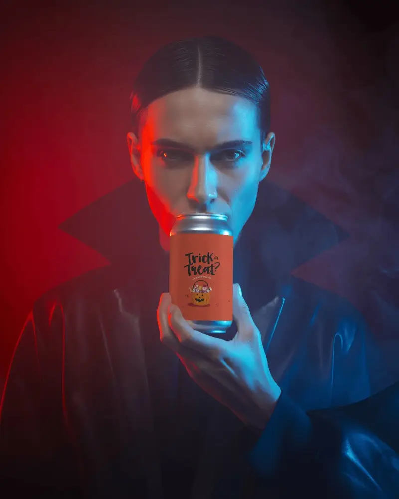 Dark Halloween Can Mockup Mysterious Model In Leather Jacket With Red And Blue Lighting