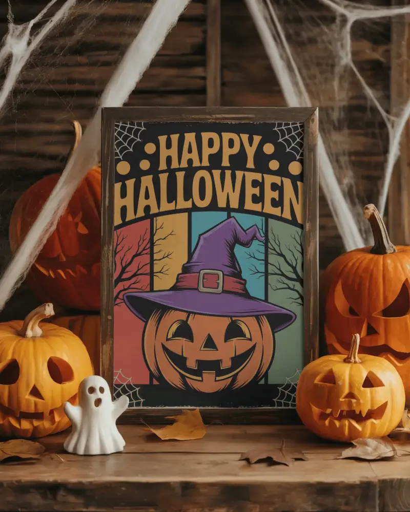 Halloween Frame Mockup With Jack O Lanterns Ghost Figure And Cobweb Decor