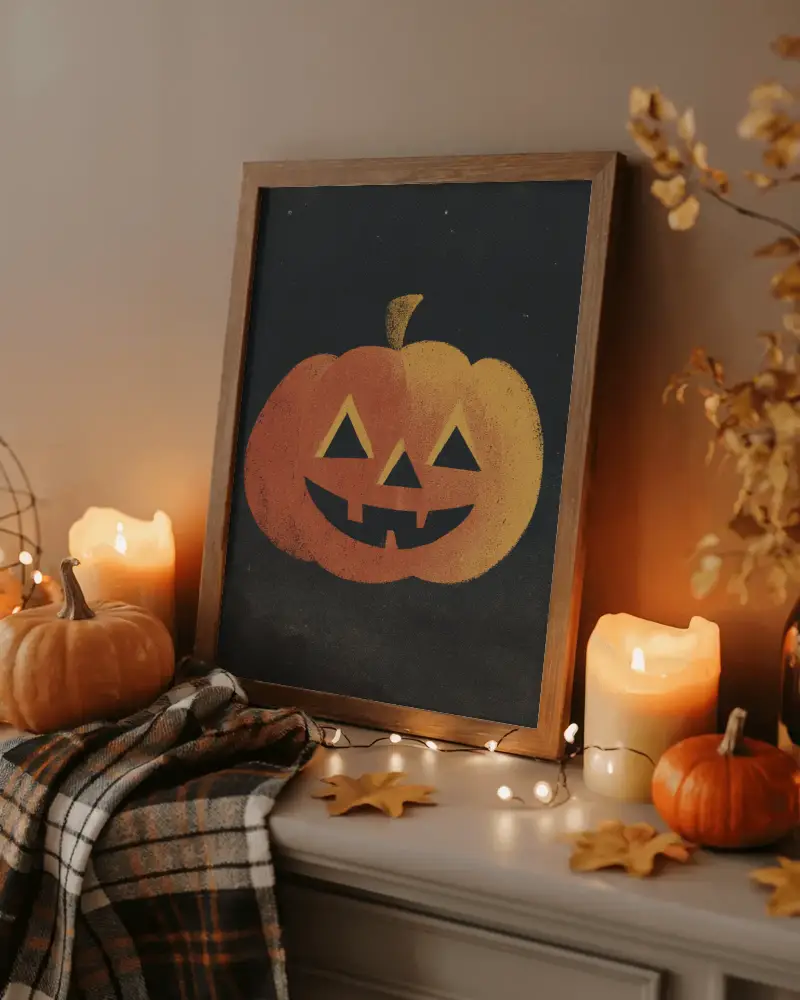 Halloween Frame Mockup With Pumpkins Candles And String Lights On Cozy Autumn Mantel