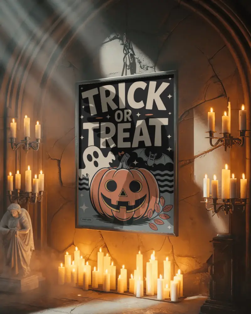 Gothic Halloween Frame Mockup In Candlelit Cathedral With Angel Statue And Mystic Smoke