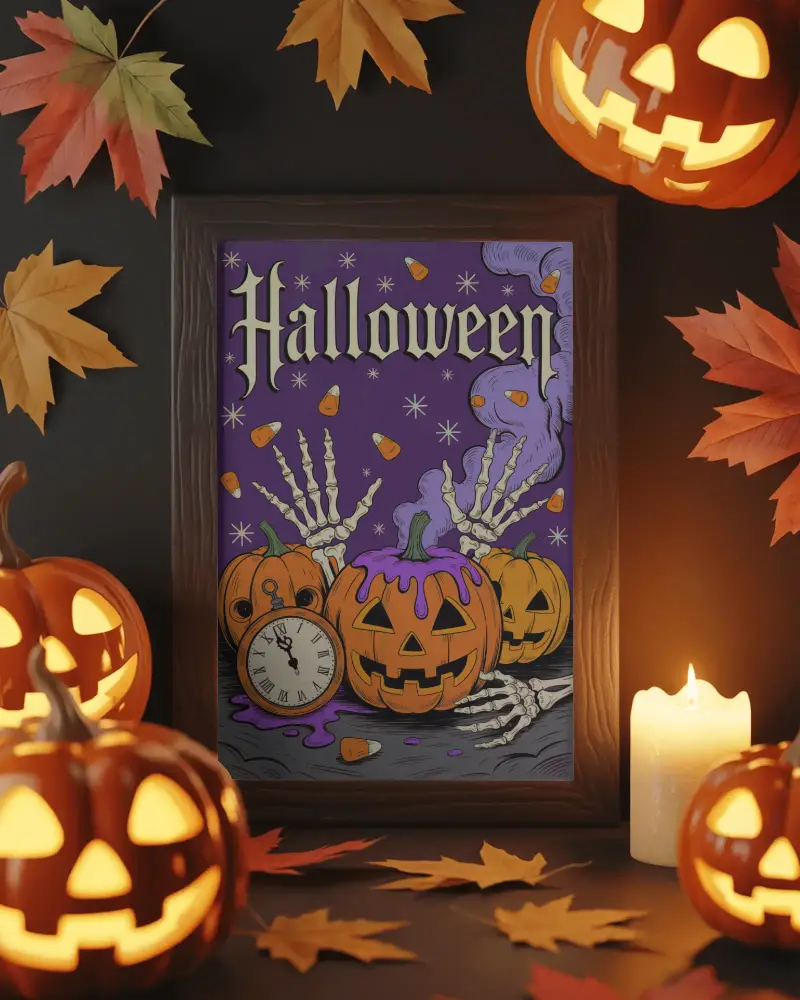 Halloween Photo Frame Mockup Surrounded By Jack O Lanterns Candles And Autumn Leaves