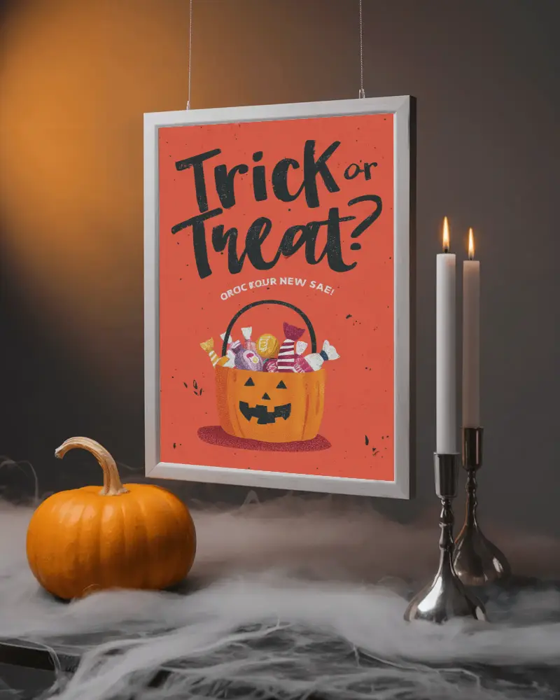Minimalist Halloween Frame Mockup With Orange Backdrop Pumpkin And White Candles
