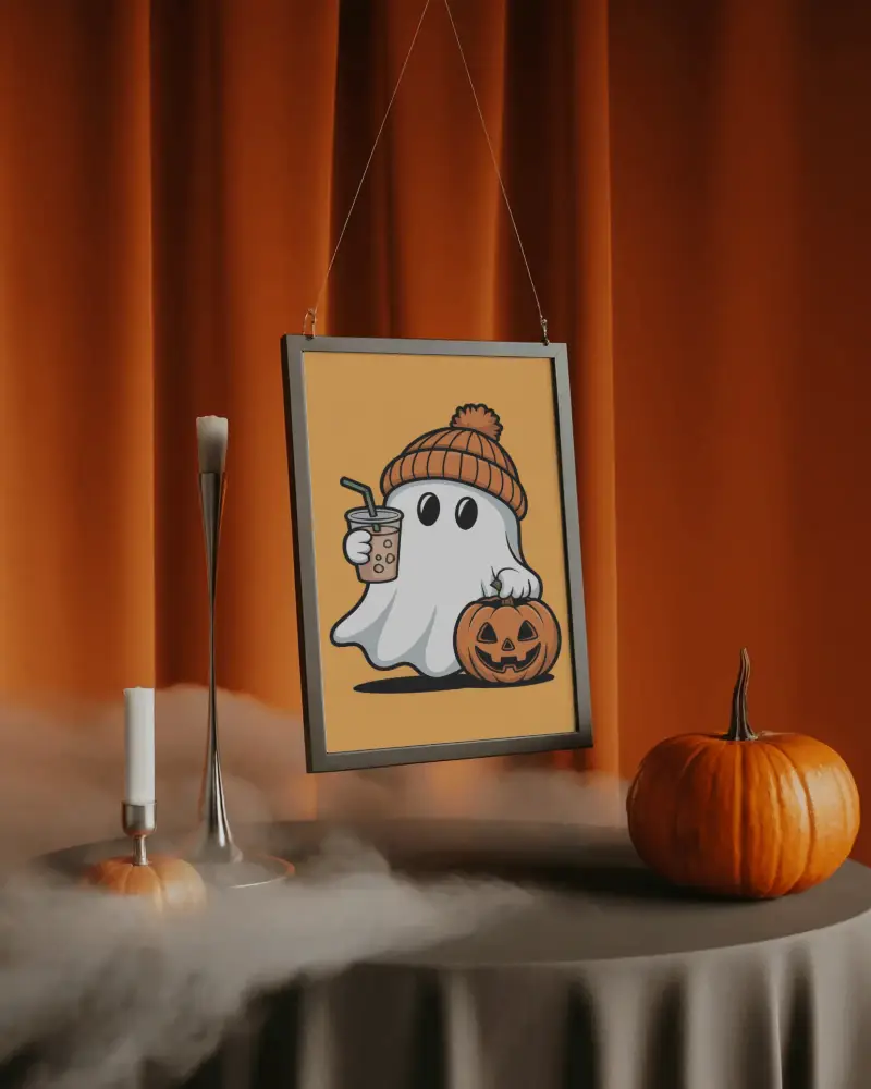 Spooky Halloween Frame Mockup Hanging With Orange Curtains And Smoky Atmosphere