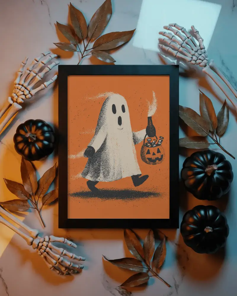 Halloween Frame Mockup With Black Pumpkins Skeleton Hands And Blue Orange Lighting