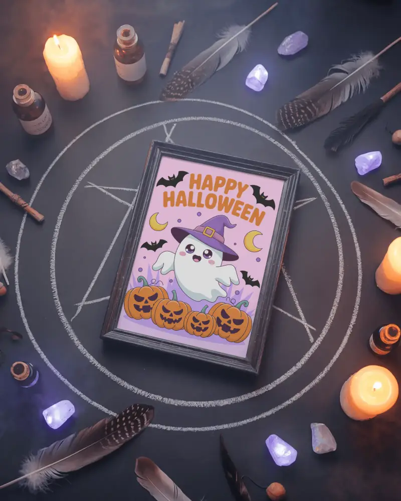 Mystical Halloween Frame Mockup With Feathers Candles And Witchcraft Symbol Circle