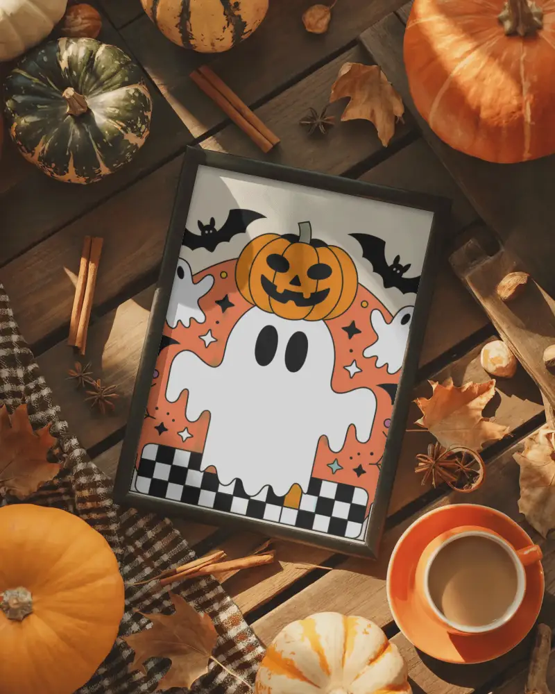 Autumn Halloween Frame Mockup On Wooden Surface With Pumpkins Coffee And Cinnamon