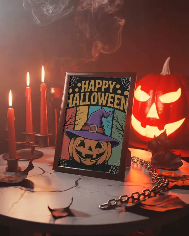 Halloween Frame Mockup With Red Candles Chains And Glowing Jack O Lantern On Marble Table
