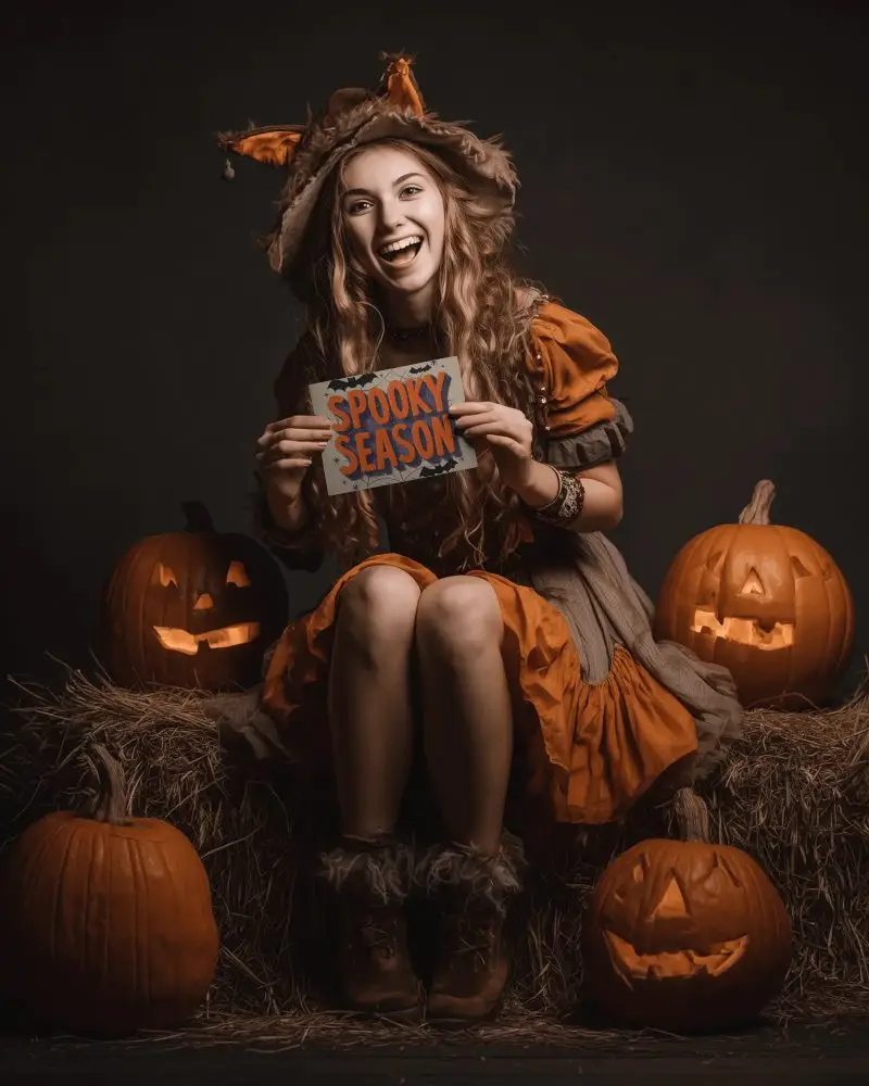 Halloween Greeting Card Mockup Smiling Woman In Costume With Jack O Lanterns