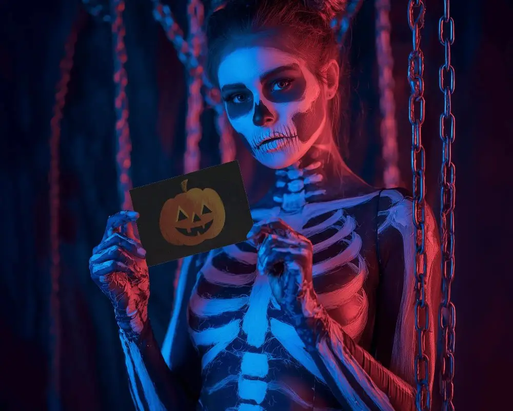 Halloween Greeting Card Mockup Skeleton Bodypaint With Dark Neon Lighting