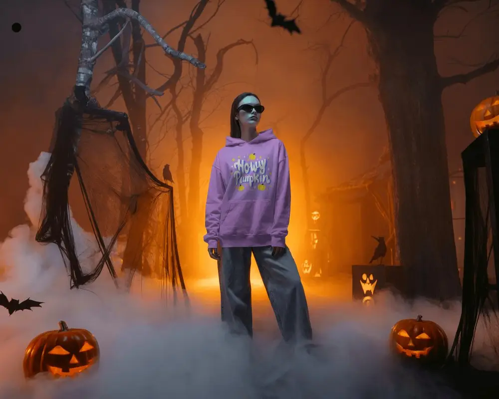 Spooky Halloween Forest With Eerie Fog And Halloween Pumpkins For Halloween Mockup