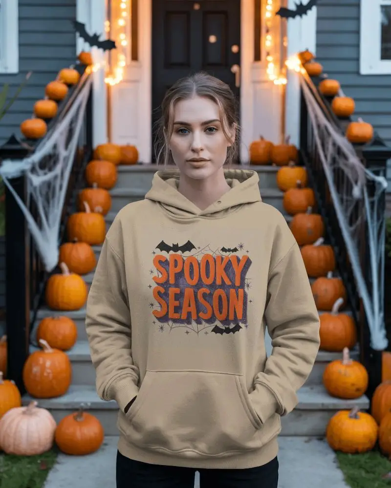 Spooky Halloween Hoodie Mockup On Casual Woman With Pumpkin Decorations For Fall