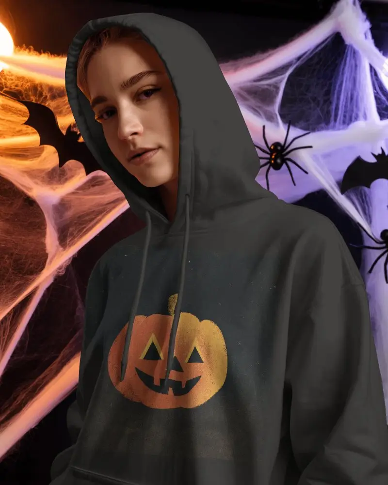 Spooky Halloween Hoodie Mockup With Ghostly Spiders Cobwebs And Bats Background Design