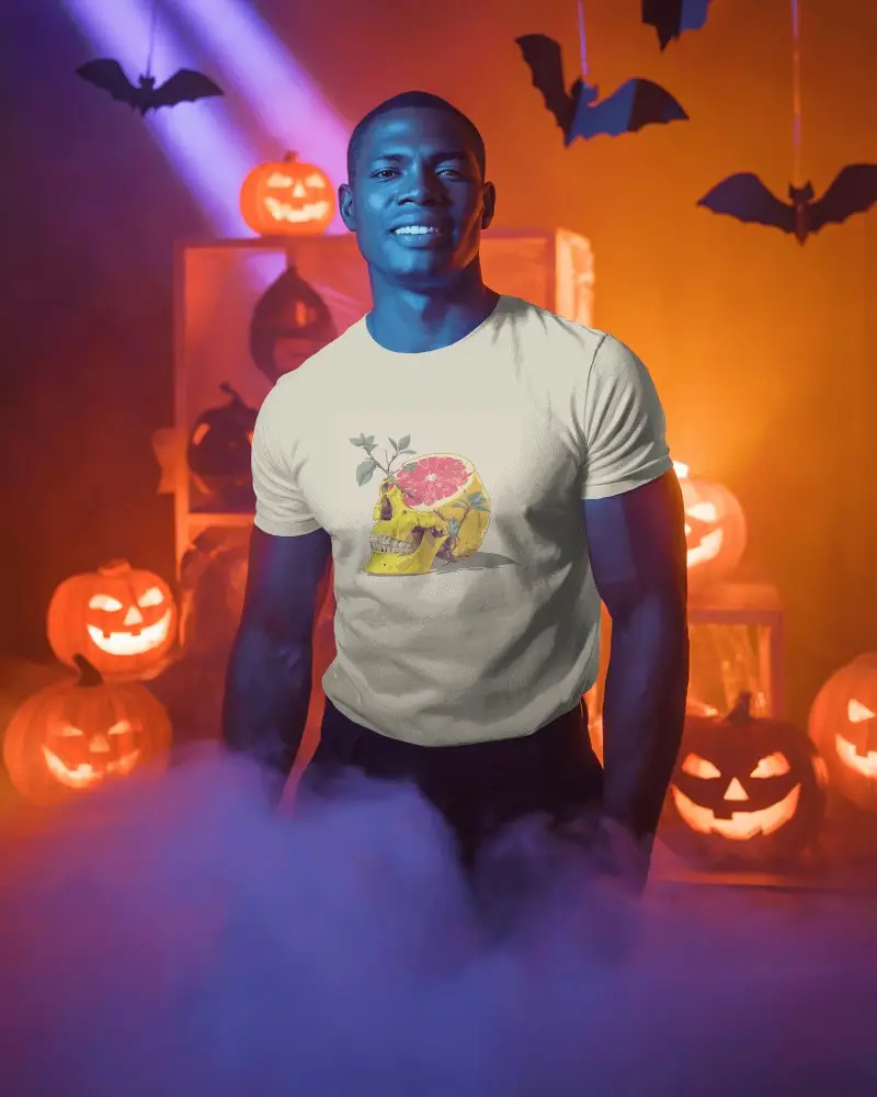 Scary Halloween Night Party Halloween Tshirt Mockup Template Smiling Person In Costume
