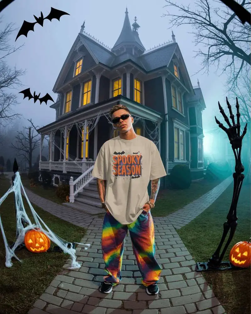Stylish Halloween Mockup Man Standing Haunted House Pumpkins Bats Skeleton Spooky Night