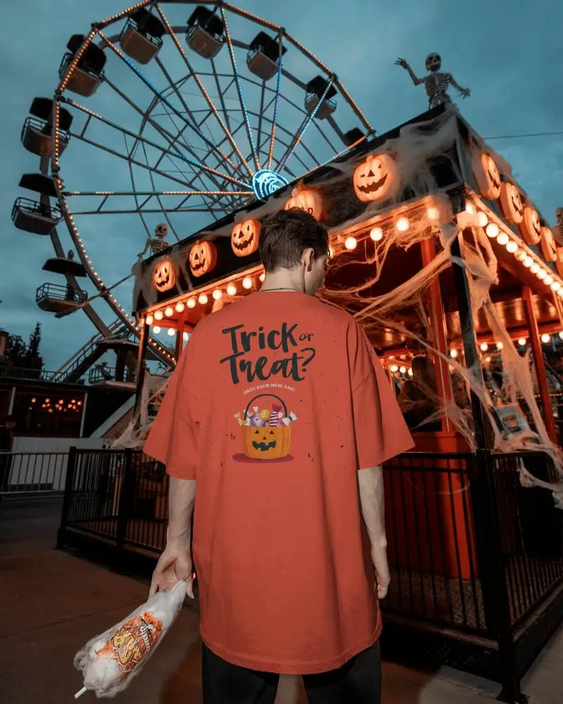 Eerie Halloween Festival Carnival Dressed Up Man Enjoying Scary Decorations And Ferris Wheel