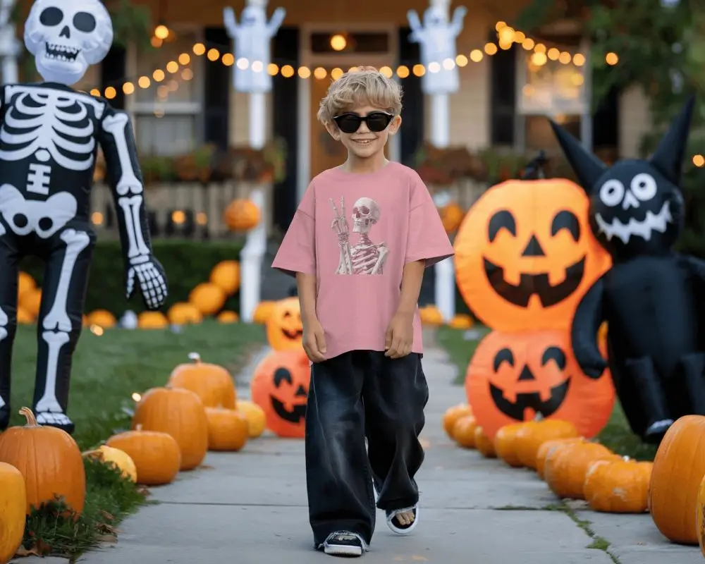 Smiling Boy Halloween Tshirt Mockup In Spooky Pumpkin And Ghost Setting