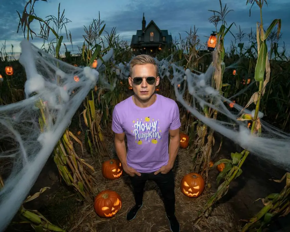 Premium Tshirt Mockup For Men Halloween Theme Pumpkin Decor Cornfield Evening Shoot