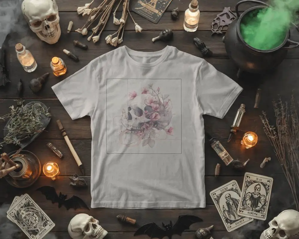 Spooky Halloween Tshirt Mockup With Skulls Cards And Magical Cauldron Smoke Effect