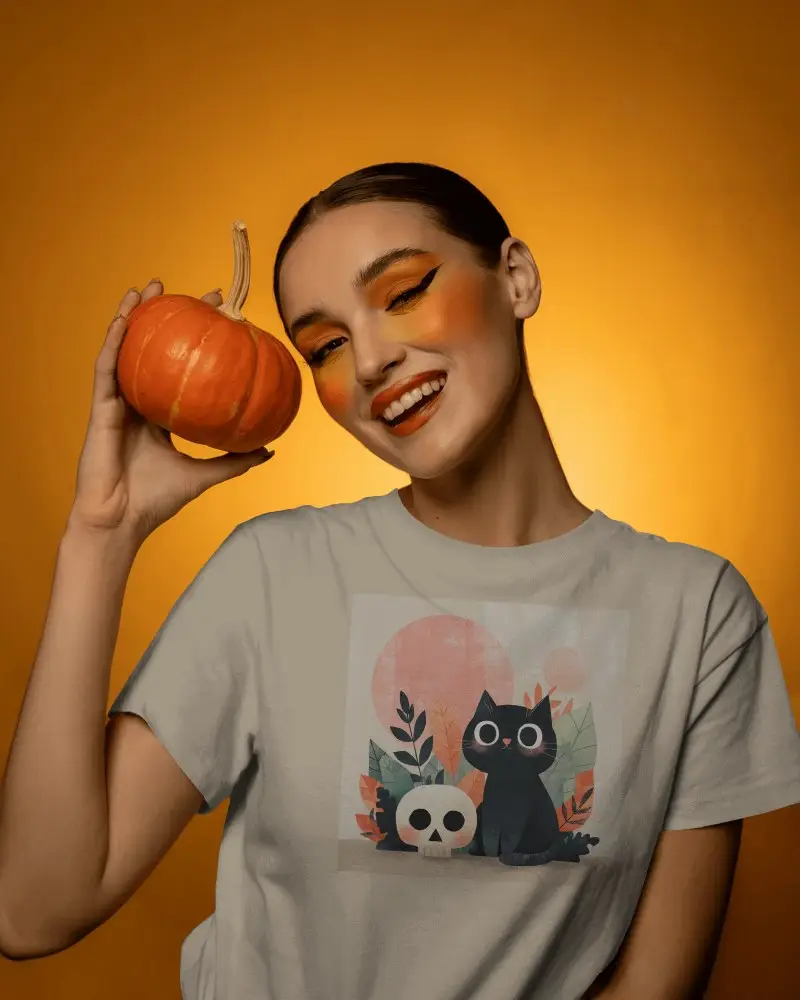 Cheerful Woman Showcasing Pumpkin With Autumn Makeup For Halloween Mockup