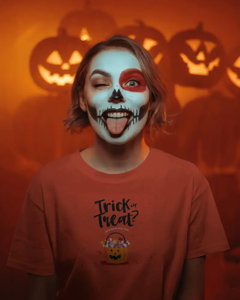Woman With Skull Face Paint Halloween Party Halloween Tshirt Mockup With Pumpkin Shadow