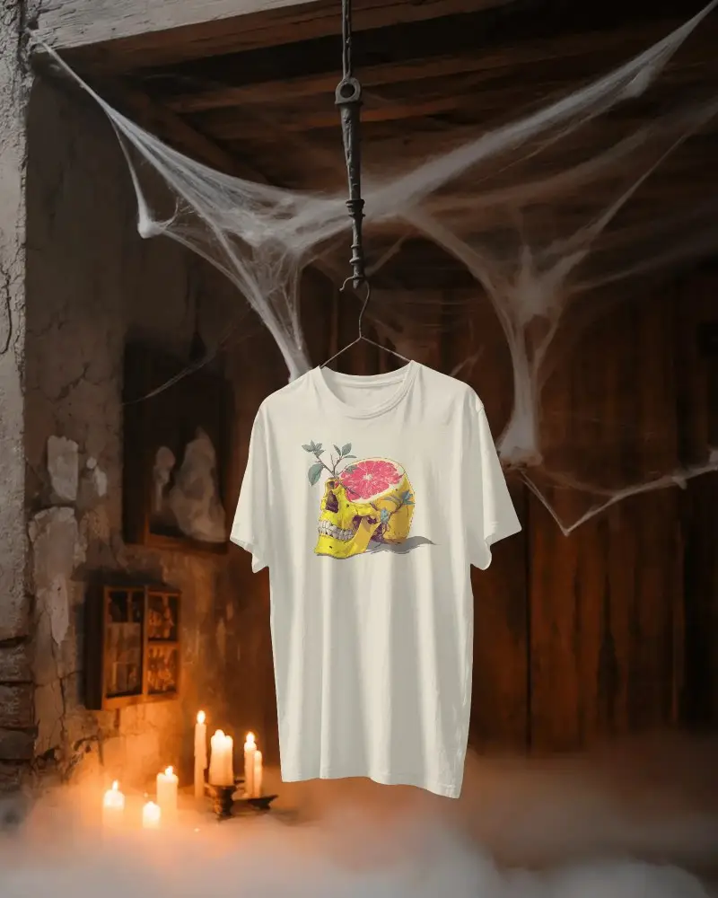Spooky Halloween Tshirt Mockup Hanging In Haunted Room With Candlelight And Fog Effect
