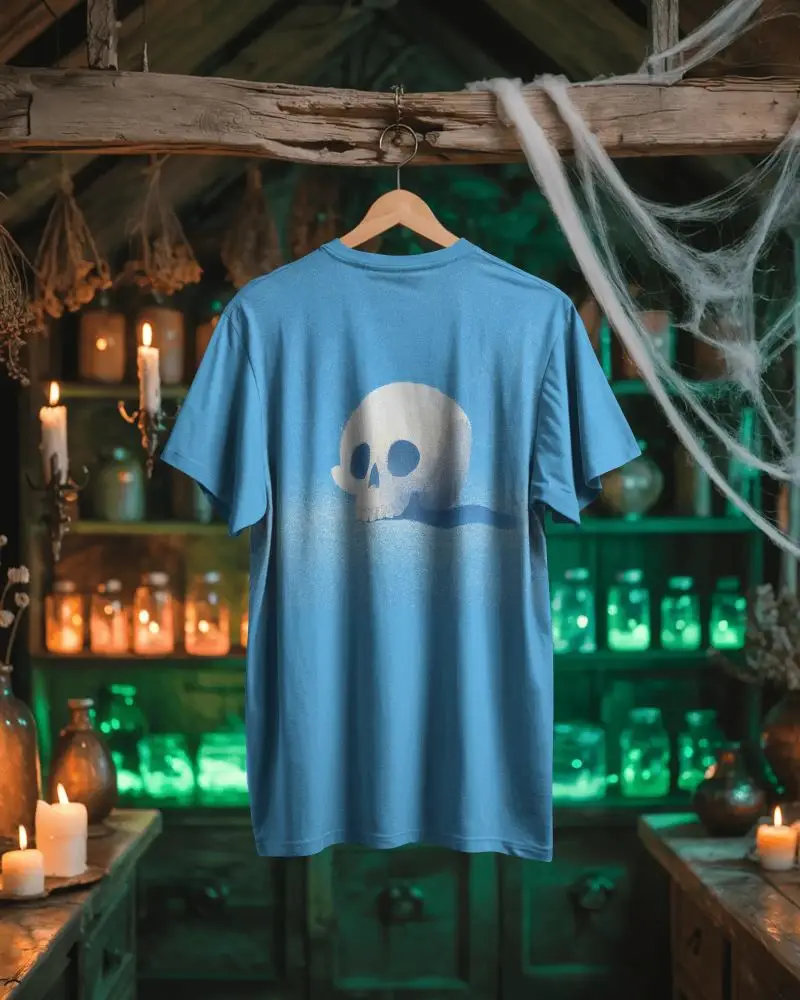 Spooky Halloween Themed Tshirt Mockup With Haunted House Background And Cobweb Decor