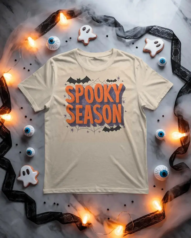 Spooky Halloween Tshirt Mockup With Ghost Cookies Eyeball Decor And Glowing Lights