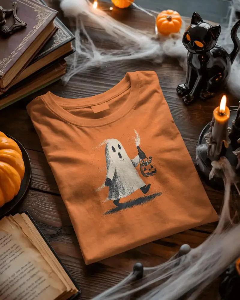 Halloween Themed Tshirt Mockup With Spooky Cat Pumpkin Candle And Old Books Layout