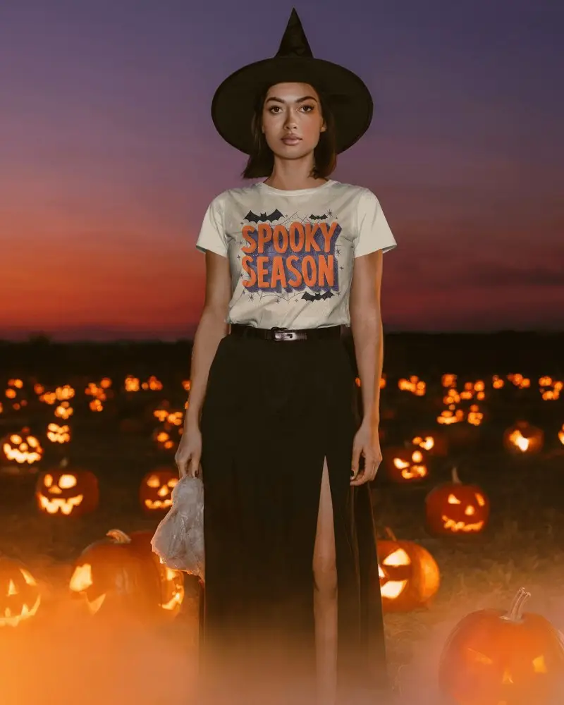 Spooky Halloween Tshirt Mockup Portrait With Witch Hat And Candlelit Background
