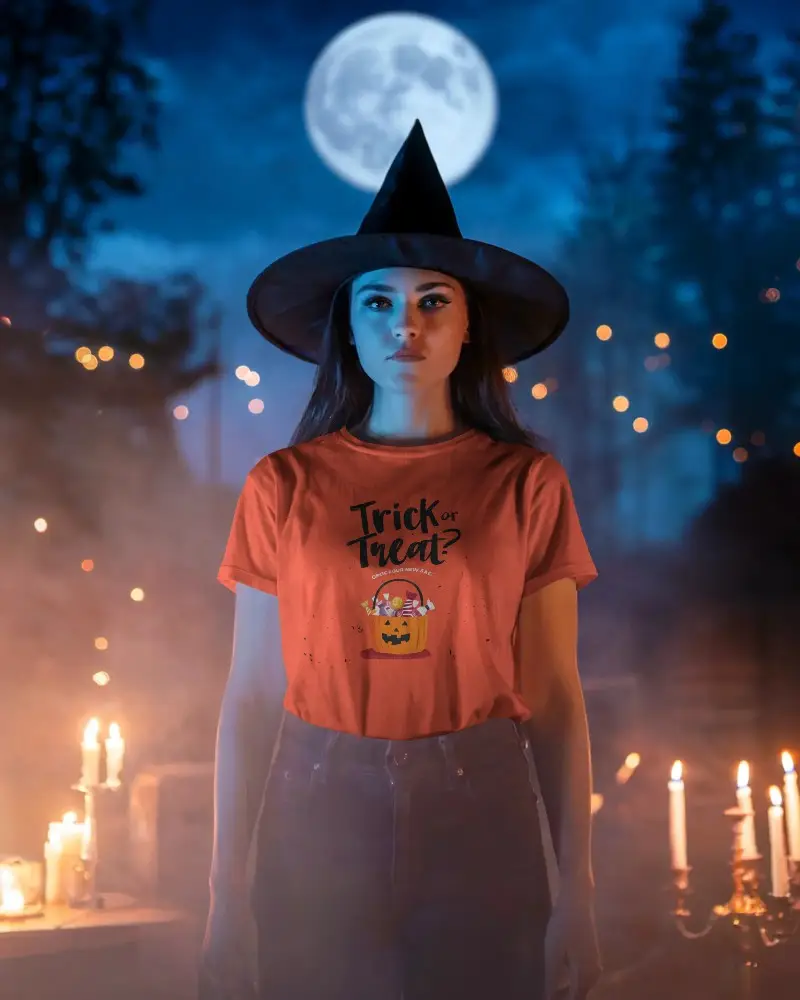 Spooky Halloween Tshirt Mockup Portrait With Witch Hat And Candlelit Background