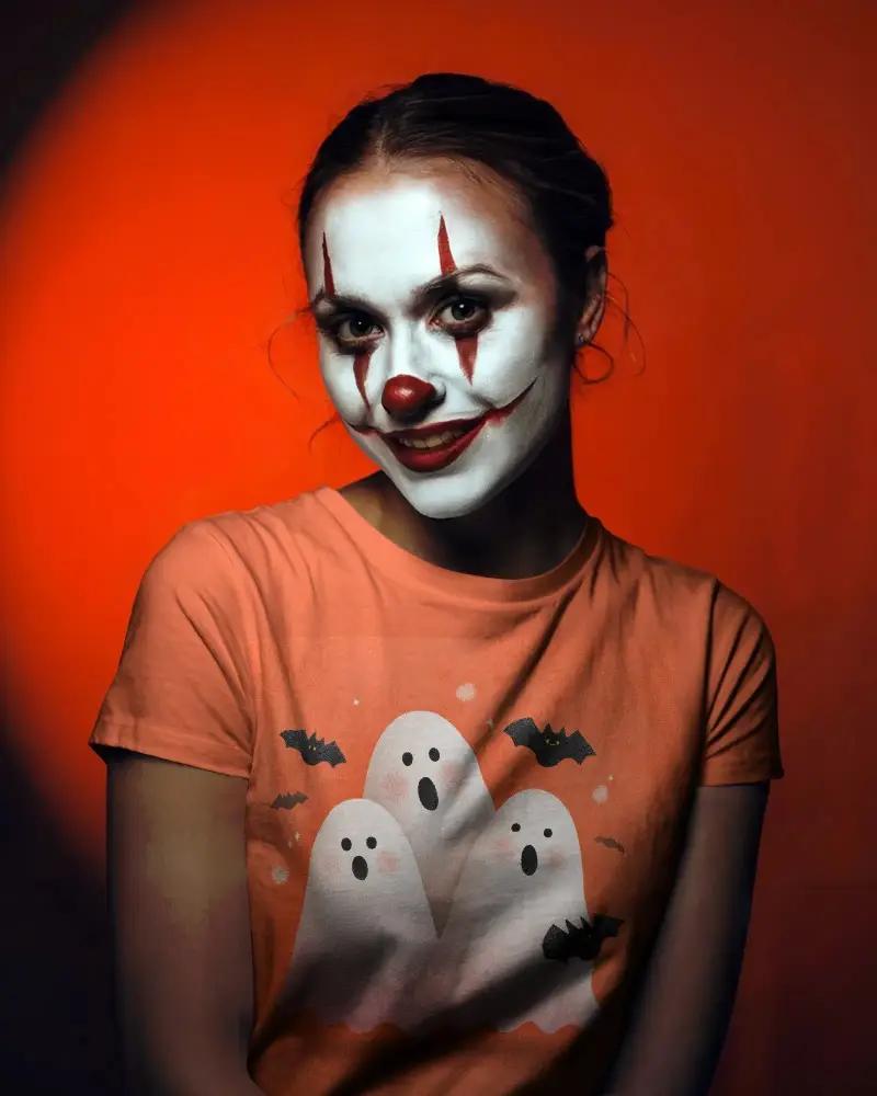 Spooky Halloween  Tshirt Mockup Clown Face Paint Horror Makeup Creative Costume Idea Photo