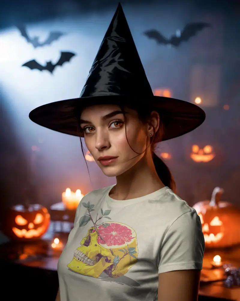 Spooky Witch Halloween Tshirt Mockup With Jack O Lanterns And Glowing Candle Background