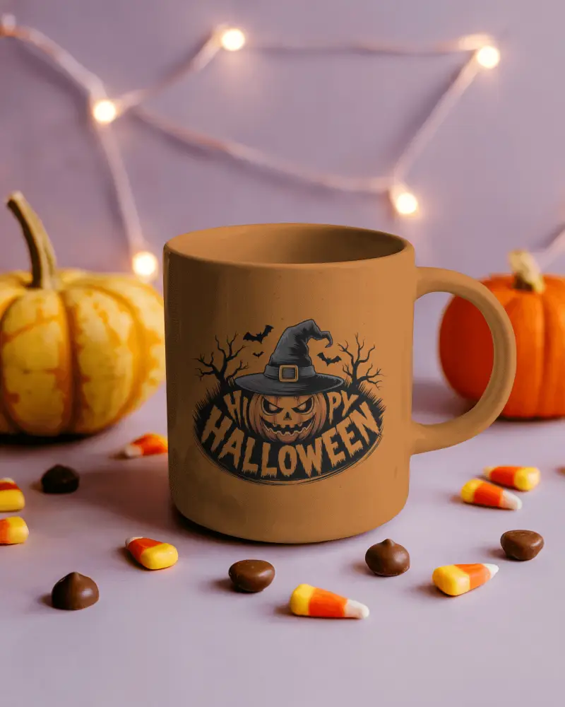 Halloween Mug Mockup With Pumpkins Candy Corns And String Lights On Purple Background