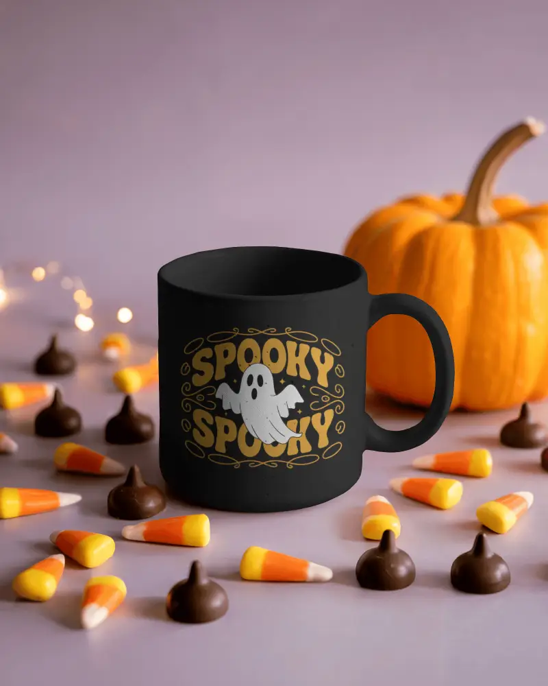 Halloween Coffee Mug Mockup Surrounded By Candy Corns Chocolates And Glowing Lights