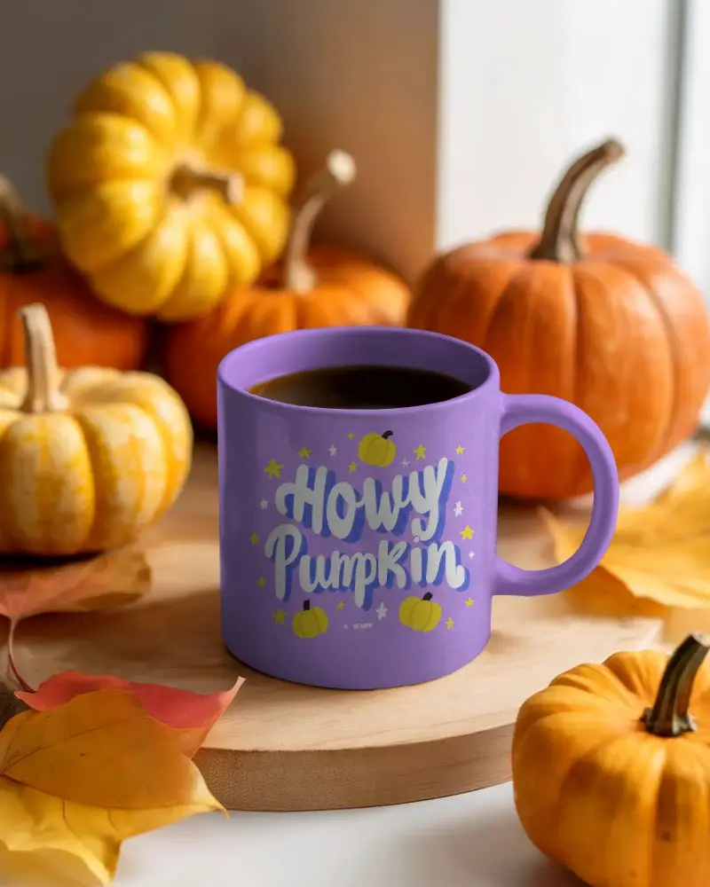 Cozy Halloween Coffee Mug Mockup With Autumn Pumpkins And Fall Leaves Styling Setup