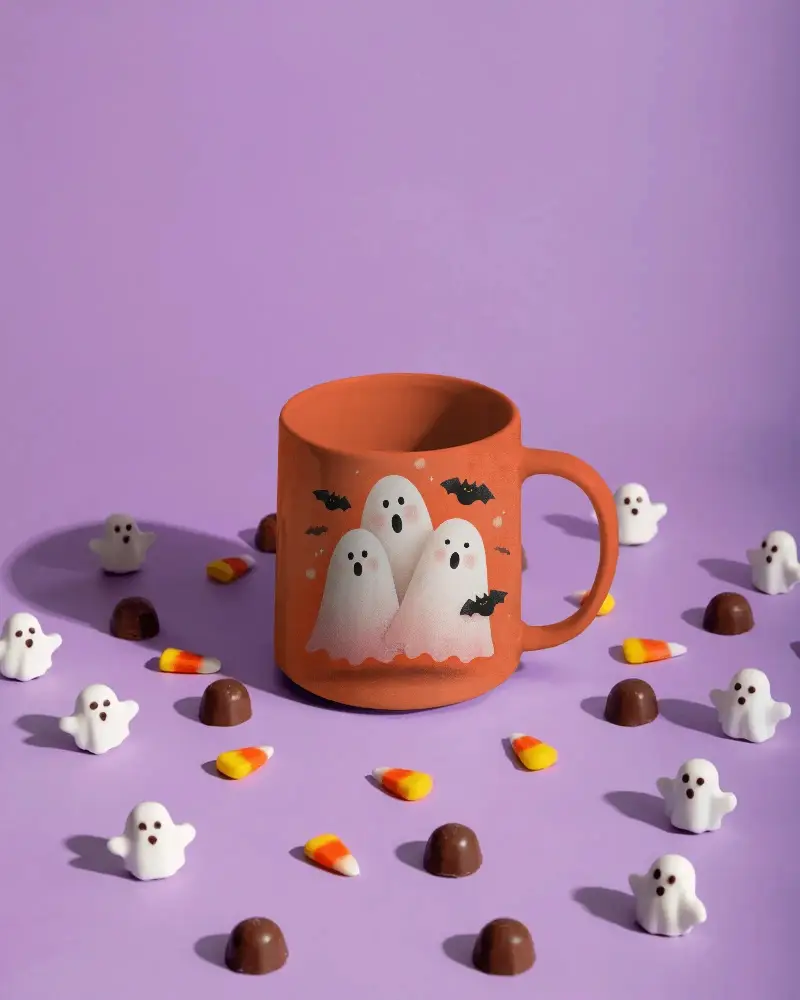 Halloween Coffee Mug Mockup With Candy Corns Chocolates And Ghost Decor Elements