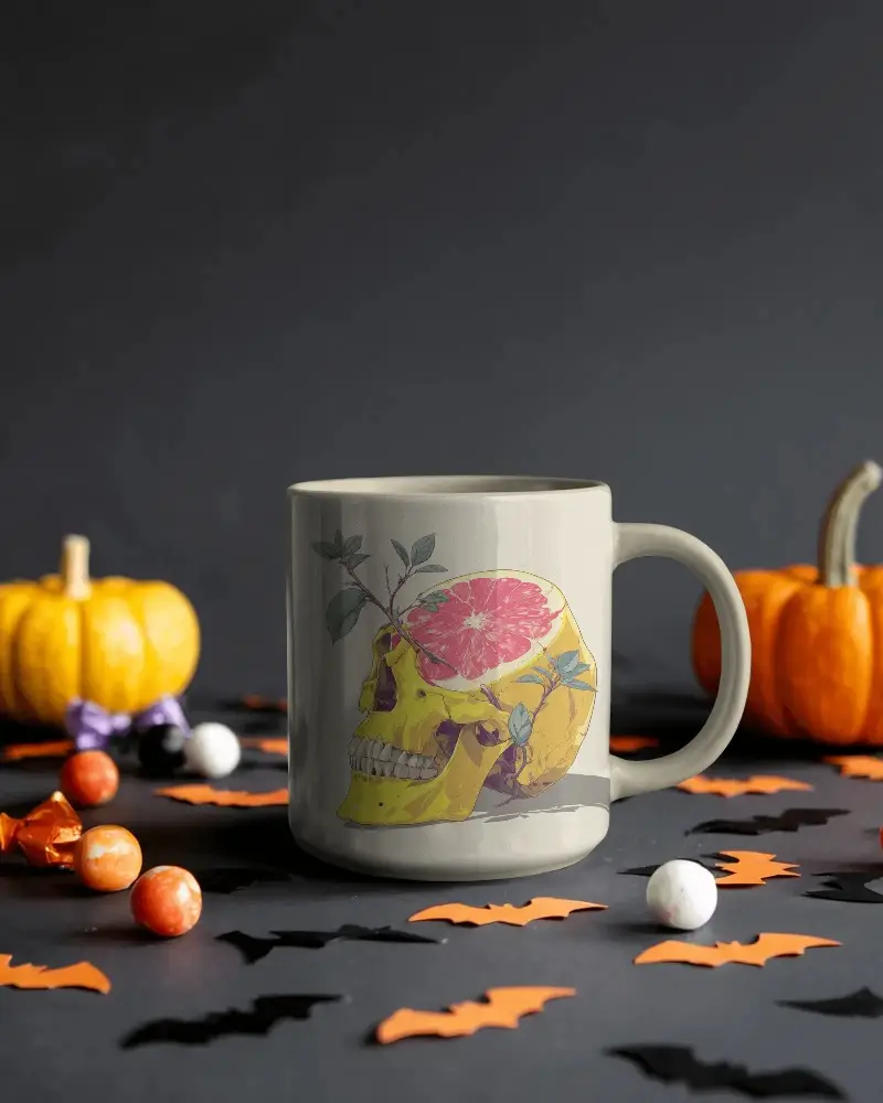 Halloween Mug Mockup With Pumpkin Bat Cuts And Sweets On Dark Surface