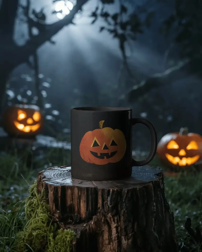 Spooky Halloween Mug Mockup Placed On Wooden Stump With Jackolanterns In Forest Scene