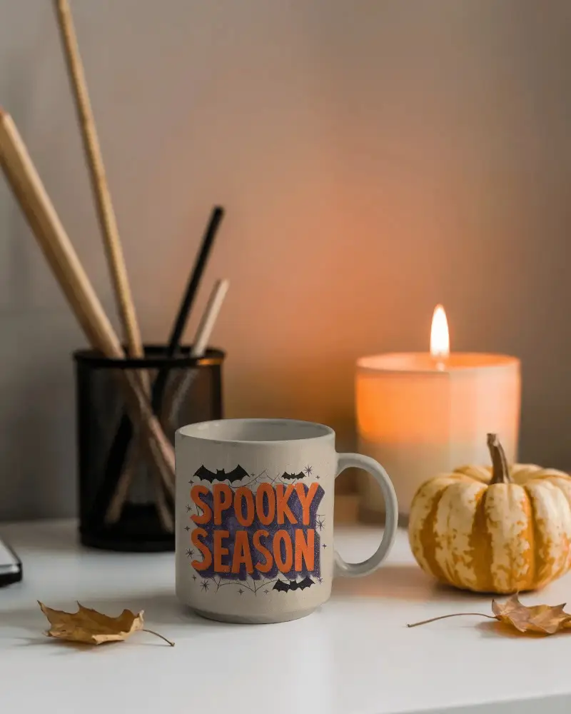 Halloween Mug Mockup With Pumpkin Candle And Fall Leaves Scene