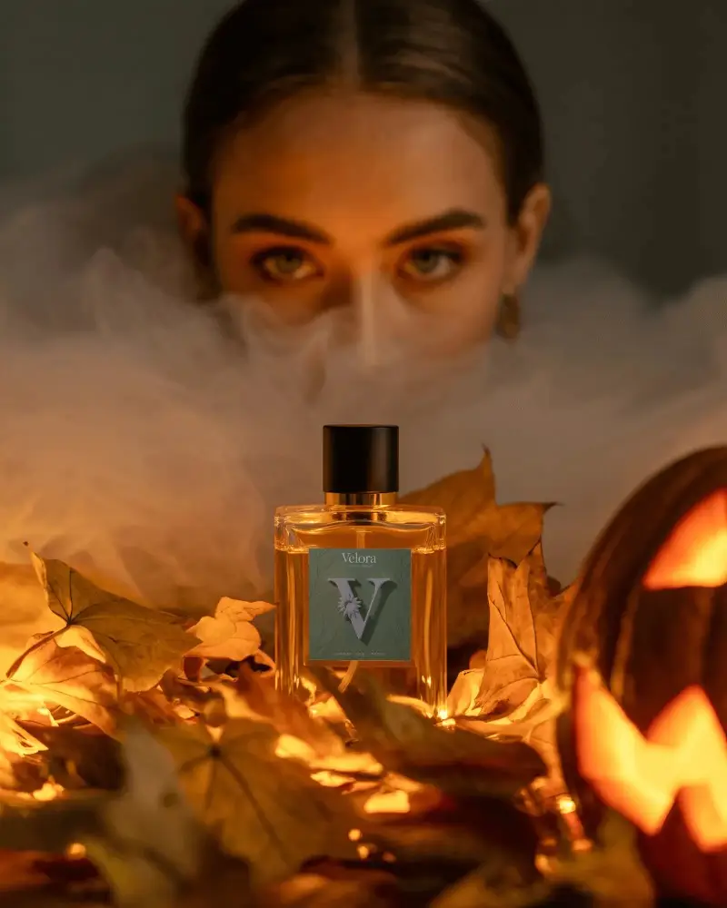 Halloween Perfume Mockup Golden Bottle With Mystic Light Fog And Autumn Leaves