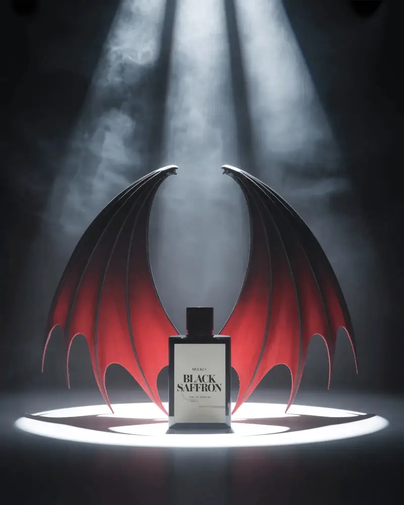 Halloween Perfume Mockup Dark Fantasy Glass Bottle With Bat Wings Under Spotlight