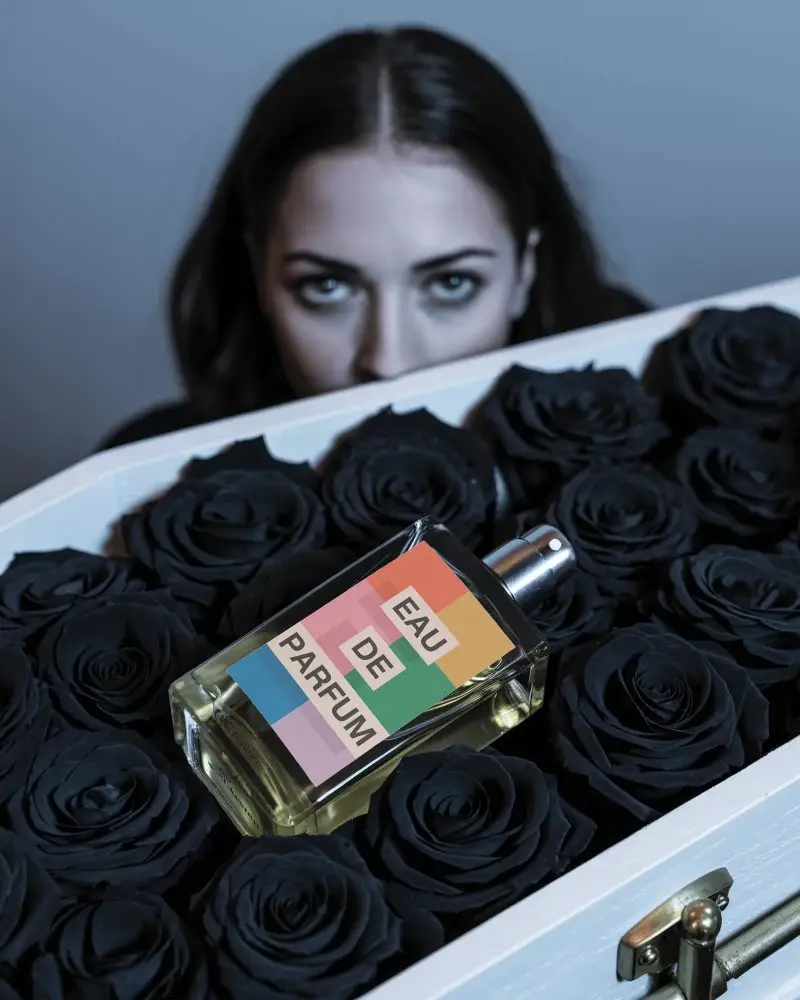 Gothic Halloween Perfume Mockup Dark Bottle Resting On Black Roses With Mysterious Gaze