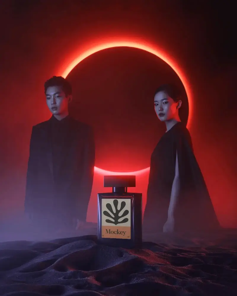 Eclipse Halloween Perfume Mockup Dual Models In Dark Setting With Red Solar Ring And Mystic Light